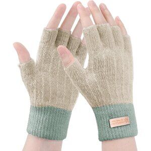 Women's Beige Green Half Fingers Fingerless Cozy Lining Knitted Mittens Gloves